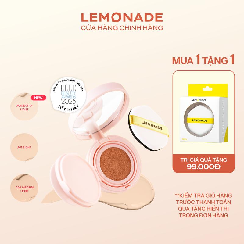   Phương Sena x Lemonade  Combo 01 Phấn nước siêu kiềm dầu Lemonade Supermatte Cushion màu A01 15g và 01 Bộ 3 Bông Phấn Tán Nền 