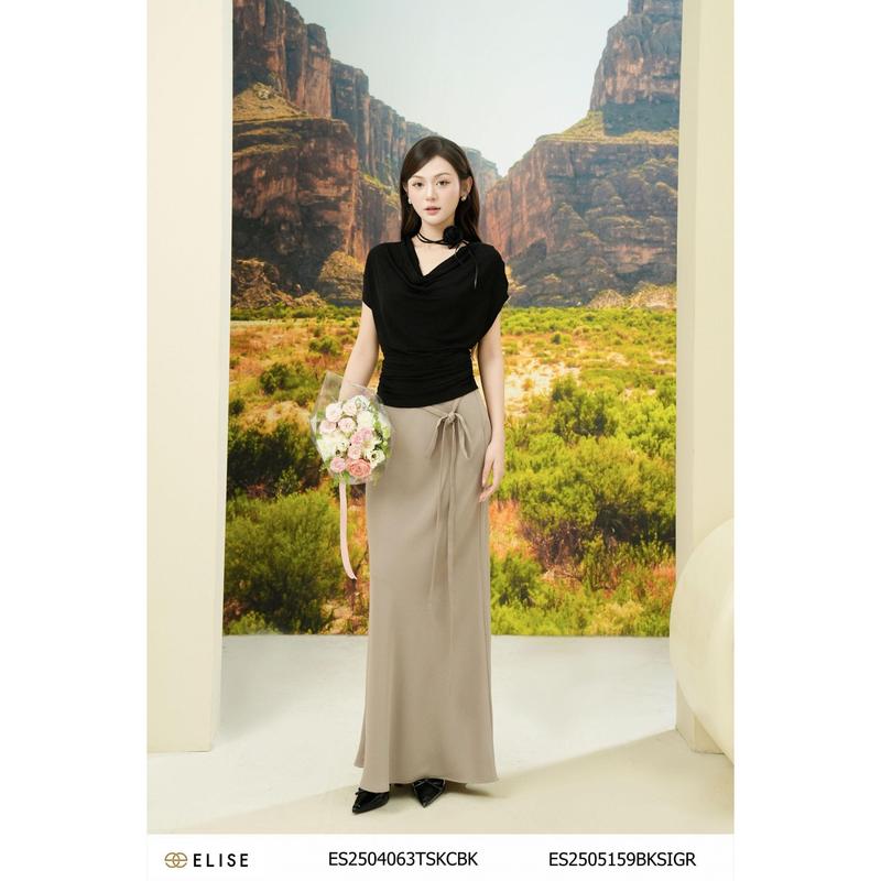 Chân váy satin ghi sáng dây nơ eo ES2505159BKSIGR