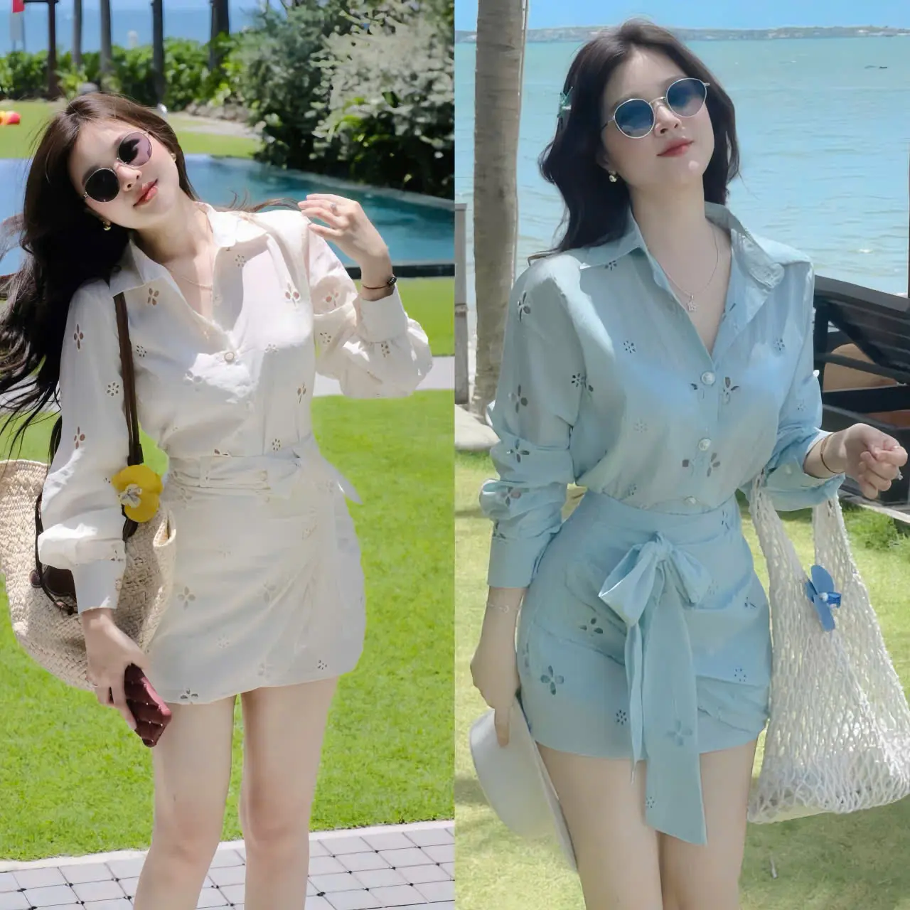 SET VÁY NỮ CHẤT QC 2 MÀU ÁO SƠ MI CÀI NÚT THẬT DÀI TAY FROM VÁY NGẮN CHỮ A ĐÍNH NƠ [CÓ LÓT] thanh lịch nhẹ nhàng phong cách trẻ trung năng động phù hợp cho các nàng đi tiệc đi du lịch đều xinh lung linh.women top