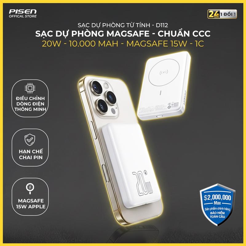   PISEN  Sạc Dự Phòng Từ Tính Chuẩn CCC Công Nghệ Magsafe 10000mAh | Gọn Nhẹ 2 Chế Độ Sạc Sạc Nhanh 20W Sạc Nhanh 2 Chiều | PISEN QUICK POWERMag 20W 10000mAh Type-C | TP-D112 | Bảo Hành 18 Tháng  PCARE + 6 Tháng  | Bảo Hiểm 2 Triệu Đô 