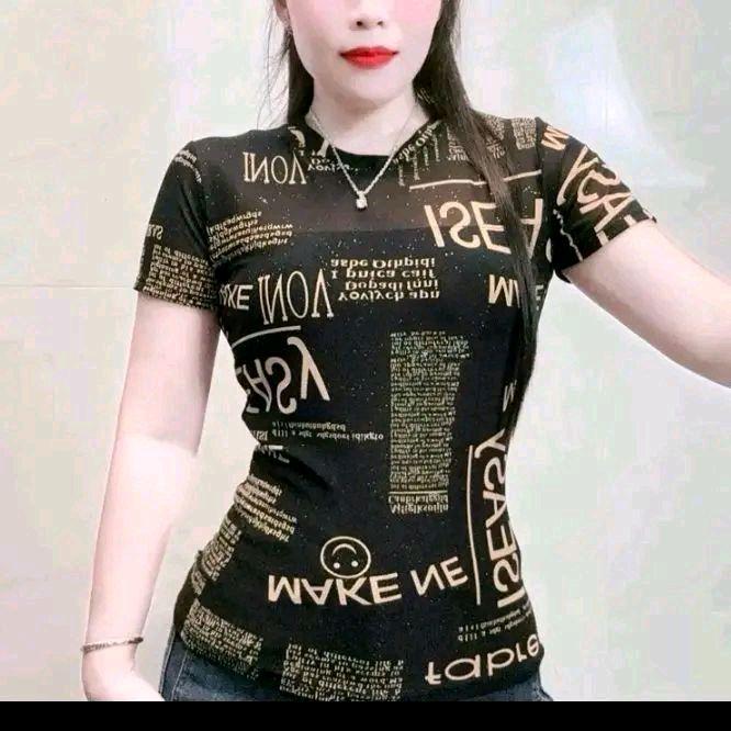 Áo Thun Lưới Hoạ Tiết Chữ Tay Ngắn Có Lót  Women Nữ