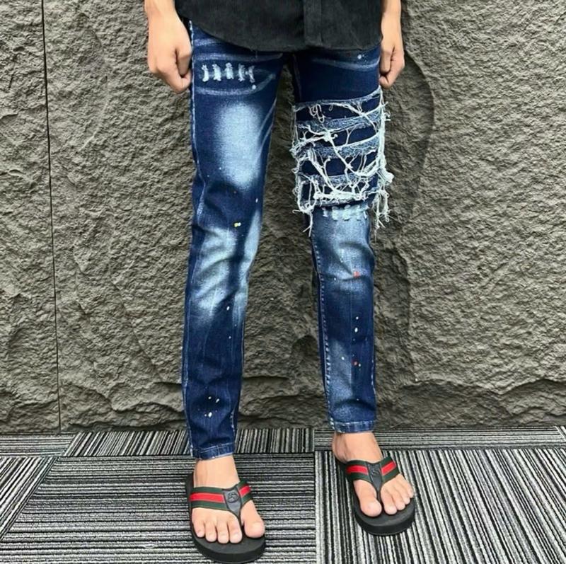 Quần jean nam xanh khuyết tật 4 cúc phối sọc tua chất co giãn nhẹ cao cấp