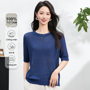 Áo Nữ Tay Ngắn MuMeng [100% Lụa Tơ Tằm], Thiết Kế Đan Rỗng Độc Đáo, Thanh Lịch & Thoáng Khí Cho Mùa Hè 5619