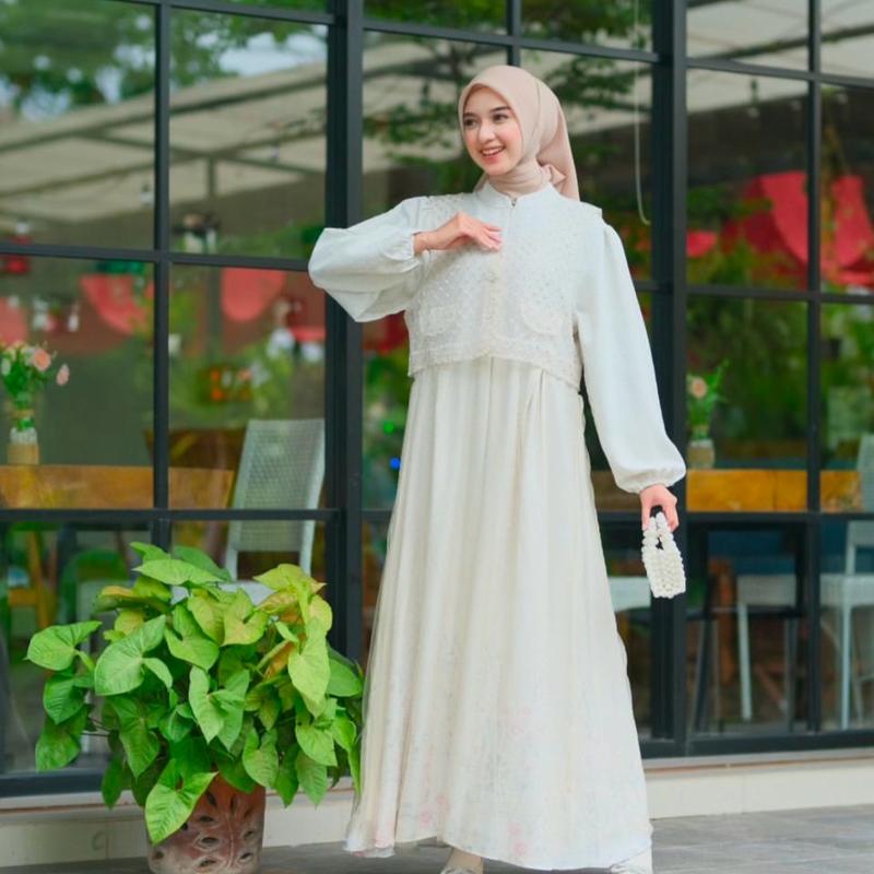 (Lovvin Collection) Gamis Hanbok - Gamis Lebaran, Brukat/Brokat Korea Style Warna kalem Muslim Wanita Dress Mewah Pesta gamis  kombinasi 1