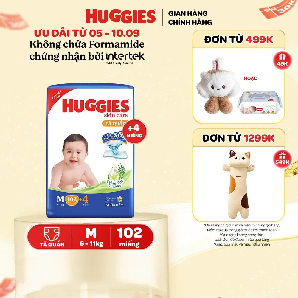 Tã/ bỉm quần Huggies Skincare Mega Jumbo với tràm trà dịu da Size M106/L96+8/XL84+4/XXL76+4