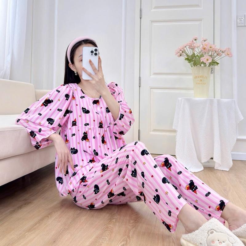 Bộ tole lanh tay dài quần dài dáng áo baby doll form áo rộng Nữ quần 92-96cm