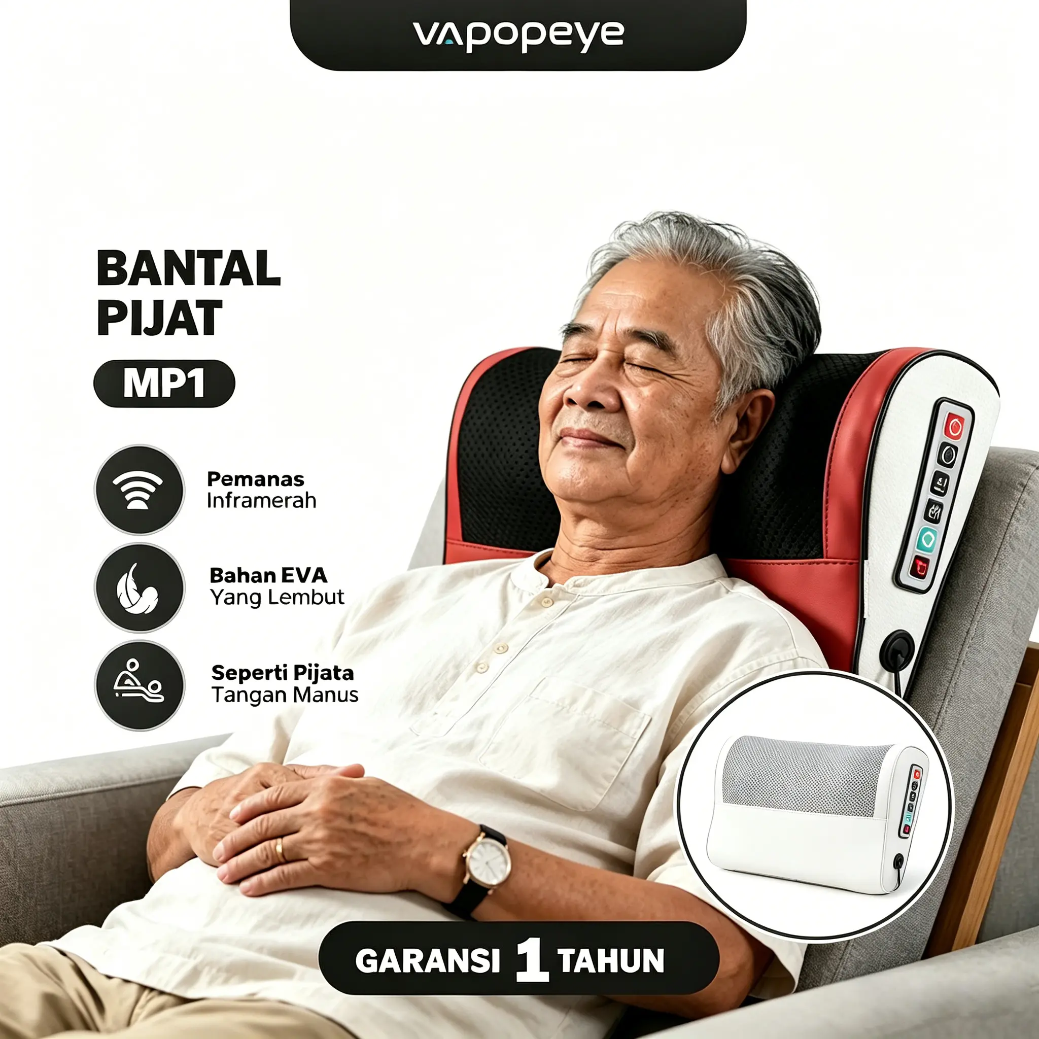 【COD】Vapopeye MP1 Bantal Pijat 8 Bola Massage Pillow Bantal Pijat Leher Punggung Portable Car And Home MP1 Terapi Elektrik Elektrik Getar Tubuh