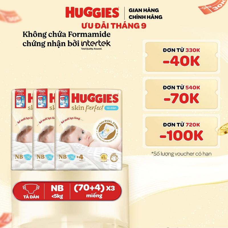 Thùng 3 gói Tã/bỉm dán sơ sinh Huggies Skin Perfect với 2 vùng thấm giảm kích…