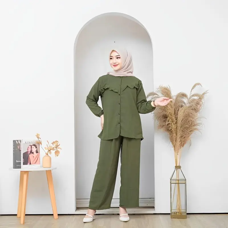 setelan wanita one set outfit remaja terbaru oversize Sena baju wanita jumbo xl xxl one set kekinian simple  Crinkle Muslim Airflow Celana Panjang Kulot Remaja setelan wanita jumbo Atasan Casual Dewasa Tunik Katun Bawahan Nyaman Santai Harian 4