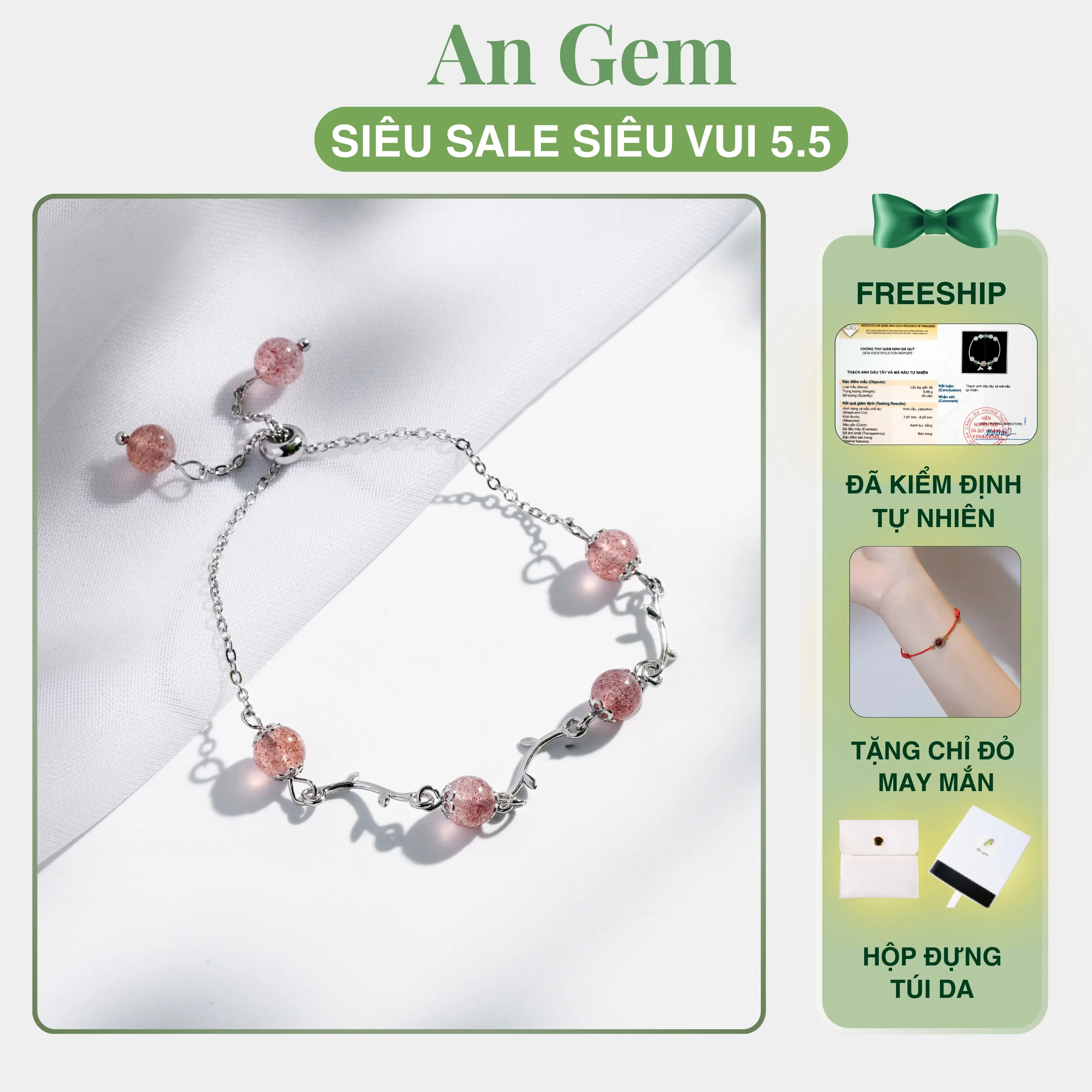 Vòng tay An gem thiết kế đá dâu hồng, xà cừ size 12~16.5cm (Điều chỉnh được kích thước) lắc tay nữ đá tự nhiên phong thuỷ phụ kiện quà tặng sinh nhật giáng sinh Noel Tết Valentine [TẶNG VÒNG CHỈ ĐỎ]