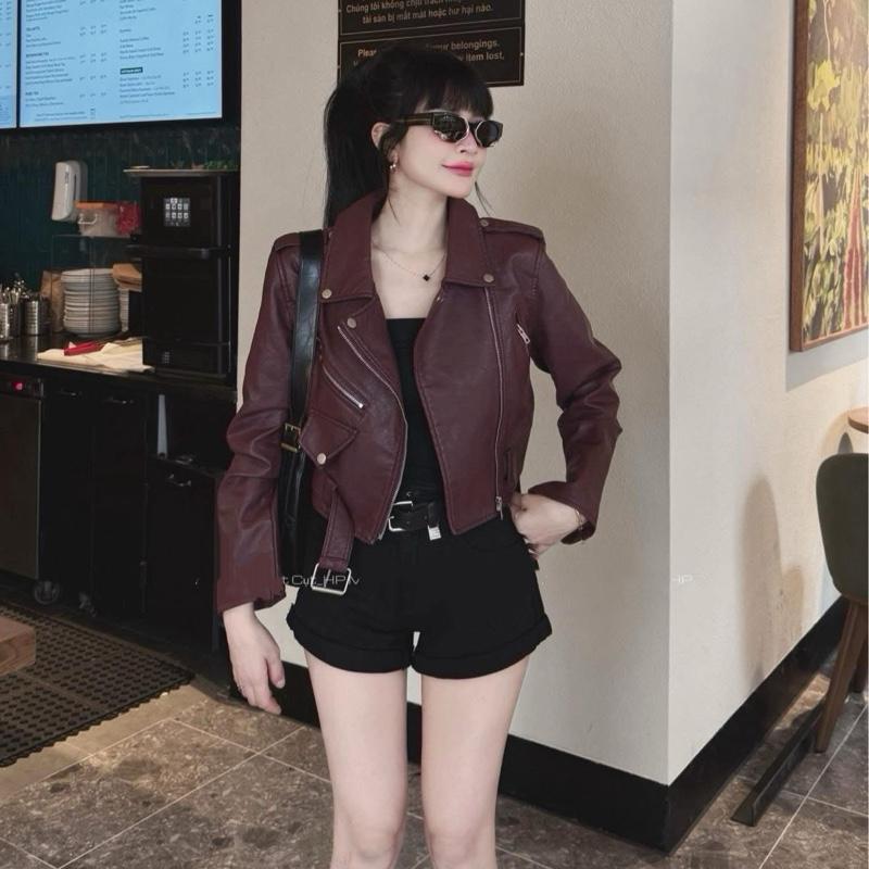  Áo Da Nữ Cổ Bẻ Kèm Đai Da Quảng Châu Cao Cấp Đen Nâu Đỏ 6868 