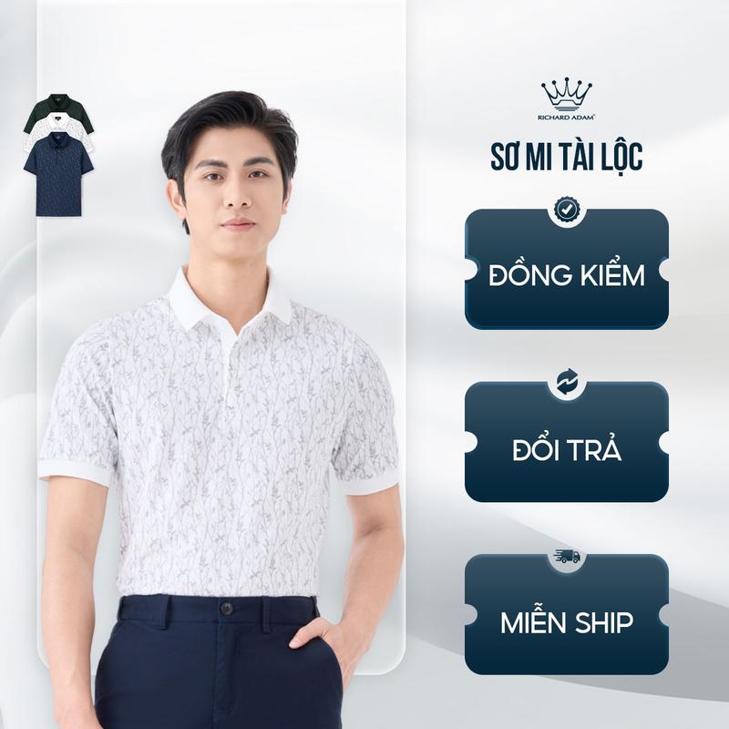 Áo polo, a o  Thun Nam vải cotton cá sấu mát mẻ Có Cổ bẻ, Cộc tay trắng da, bo tay ngắn thể  thao họa tiết Lá RICHARD ADAM chính hãng cao cấp co giãn 4 Chiều siêu thoáng khí Thấm Hút Mồ Hôi đơn giản hiện đại xanh navy sang trọng thanh lịch - PL121024
