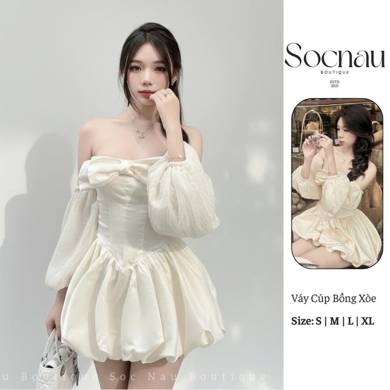 Bao Han Dress NV627 Váy Tiểu Thư Dự Tiệc Cup Ngực Phối Chân Váy Bí Bồng Kèm Tay Áo Phồng Nữ Women Kem Bo Chun Voan
