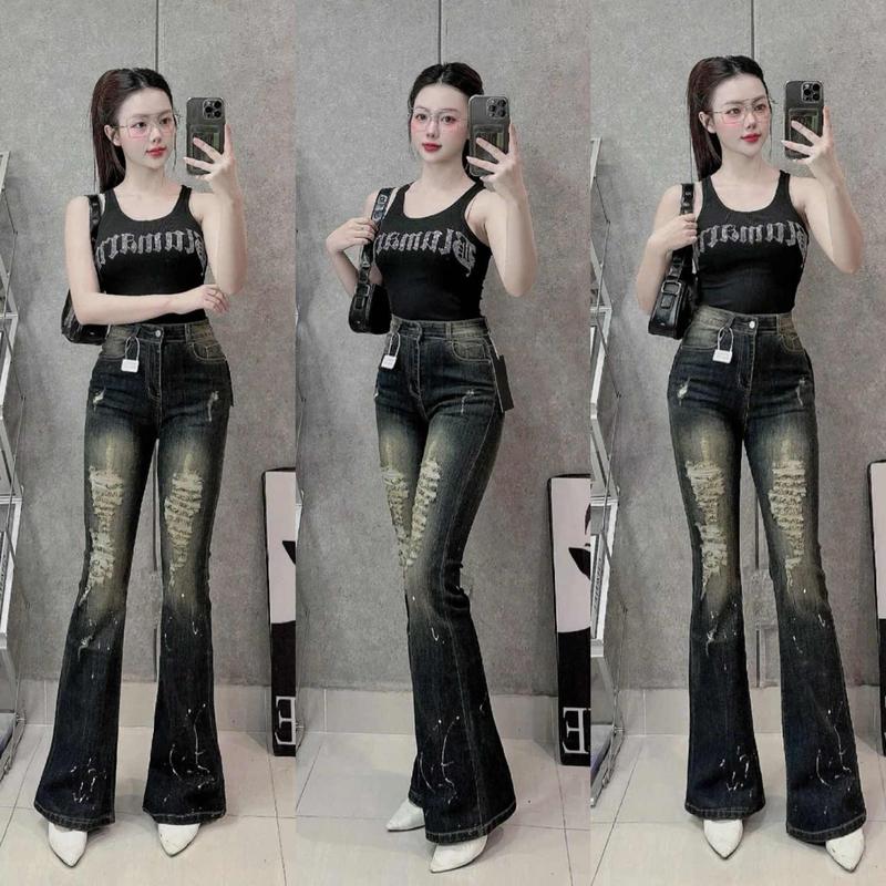 Quần Jean Nữ Ống Loe Rách Gối Thời Trang Chất Jean Co Giãn Tôn Dáng Hack Chân Dài Phong Cách Hiện Đại