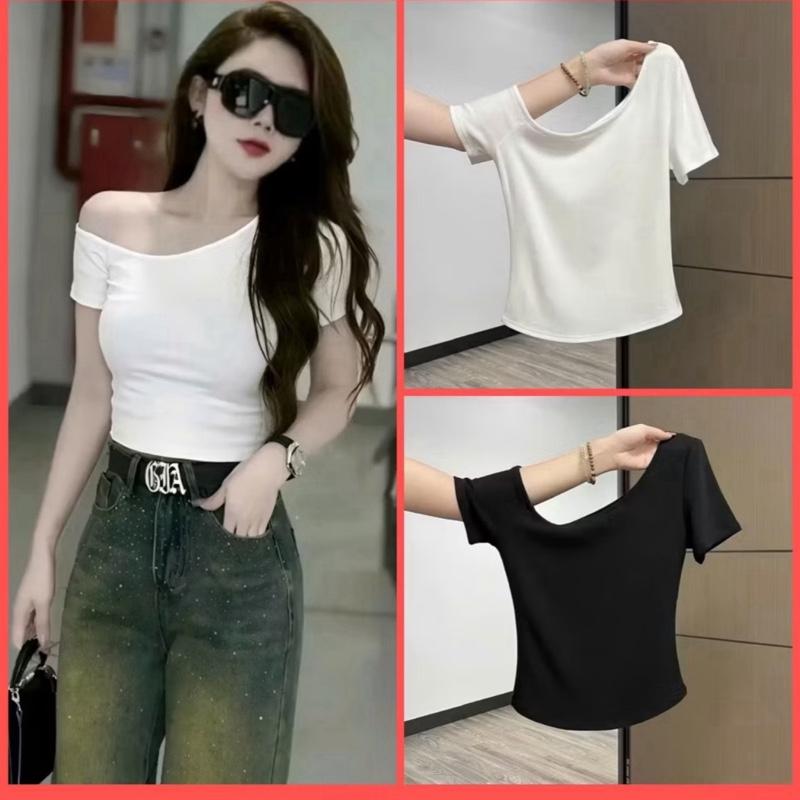  A52a Áo Thun Kiểu Cổ Trễ Vai 1 bên Dáng Tay Ngắn Ôm Body Tôn Dáng Phong Cách Mới Chất Thun XỊn size dưới 53kg 