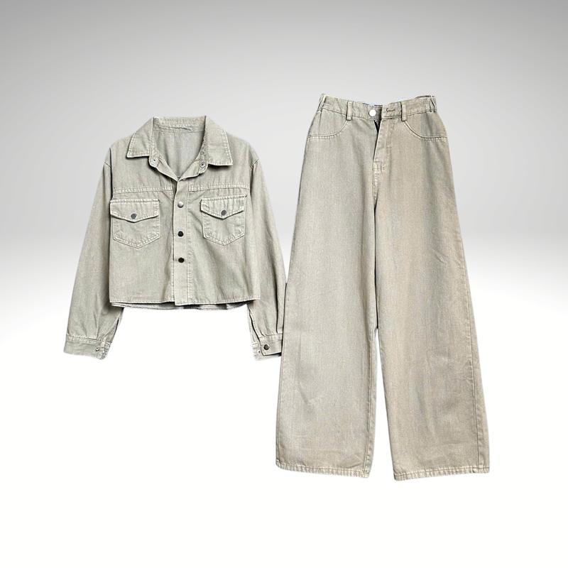 Set Jean B800 Áo Cổ Đức Tay Dài - Quần Suông Khuy Bấm Thời Trang Nữ Chất Jean Mềm