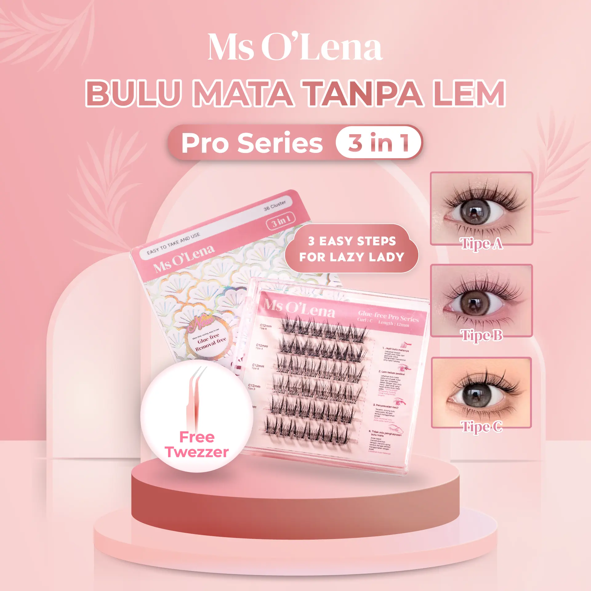[ MSOLENA ] Pro Series 3 in 1 Bulu Mata Palsu Eyelash Tanpa Lem langsung Tempel FREE Pinset -ABC