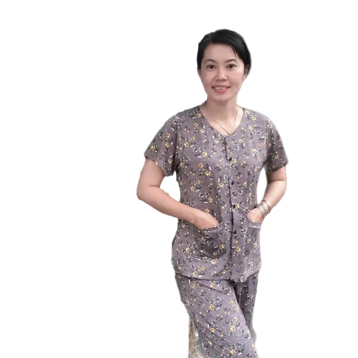 Sét bộ dài cổ tròn tay con quần dài (rài nút) thun   Tay ngắn. Tặng bà ngoại