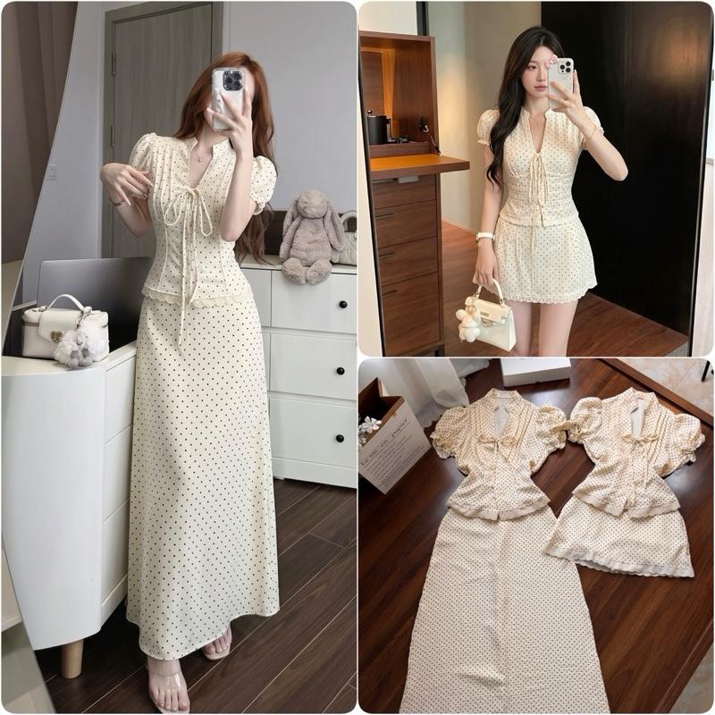 Sét Váy Chấm Bi Chất Đũi Cổ V Phối Viền Ren Dáng Ngắn Dài Almira