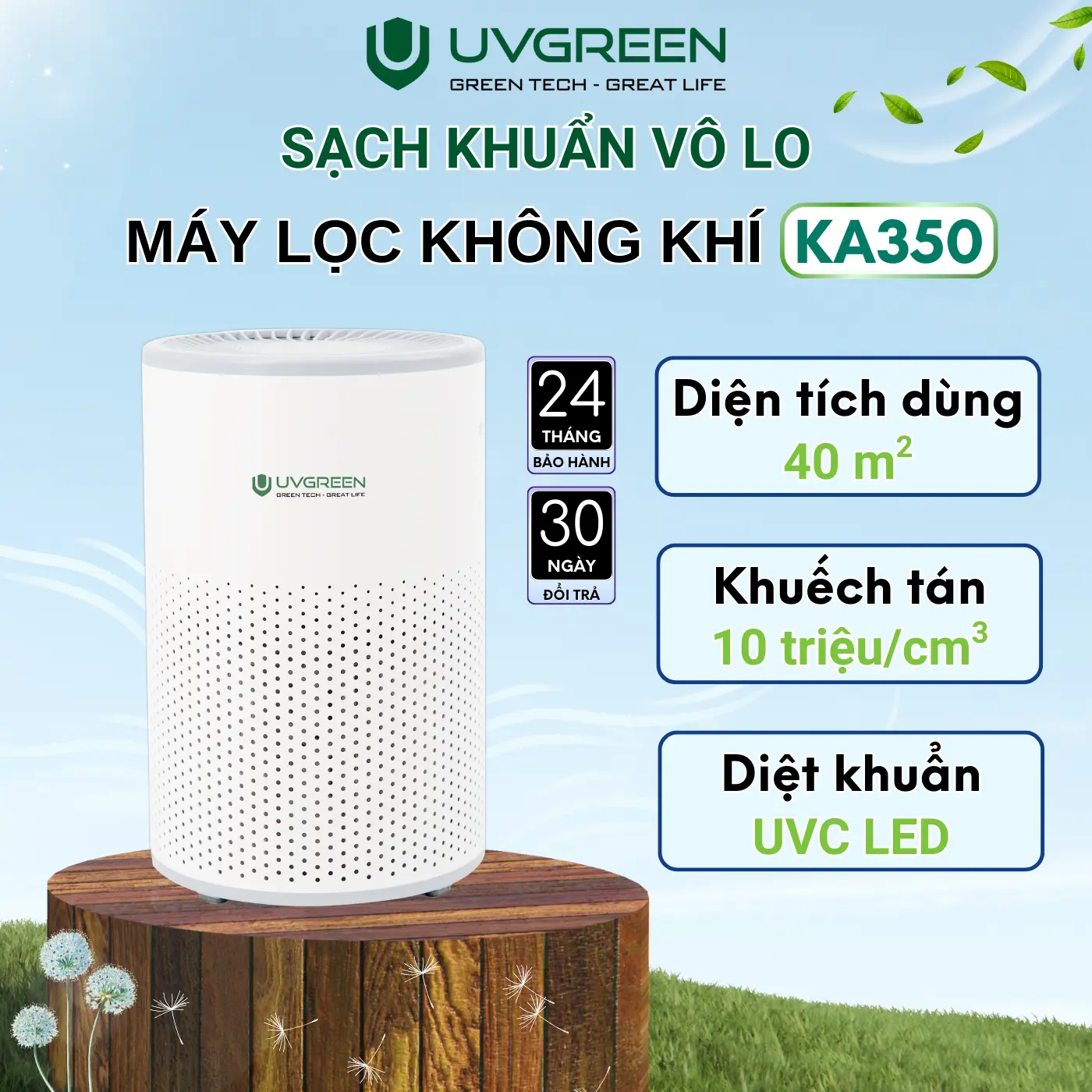 Máy Lọc Không Khí Diệt Khuẩn UVGREEN KA350 UVC LED - Ion Âm - Bộ Lọc HEPA H13 Chống Vi Khuẩn