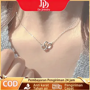 gaya Korea kalung leher pendek dua lingkaran motif hati baja titanium & perak S925 hiasan penuh berlian kalung anti karat