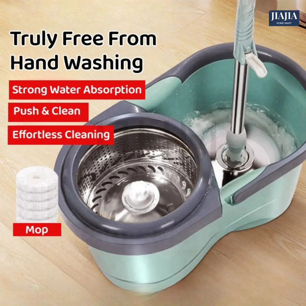 <SG Stock> Microfiber Spin Mop & Bucket Set Hands-Free Self Cleaning Spin Round Flat Mop With Bucket