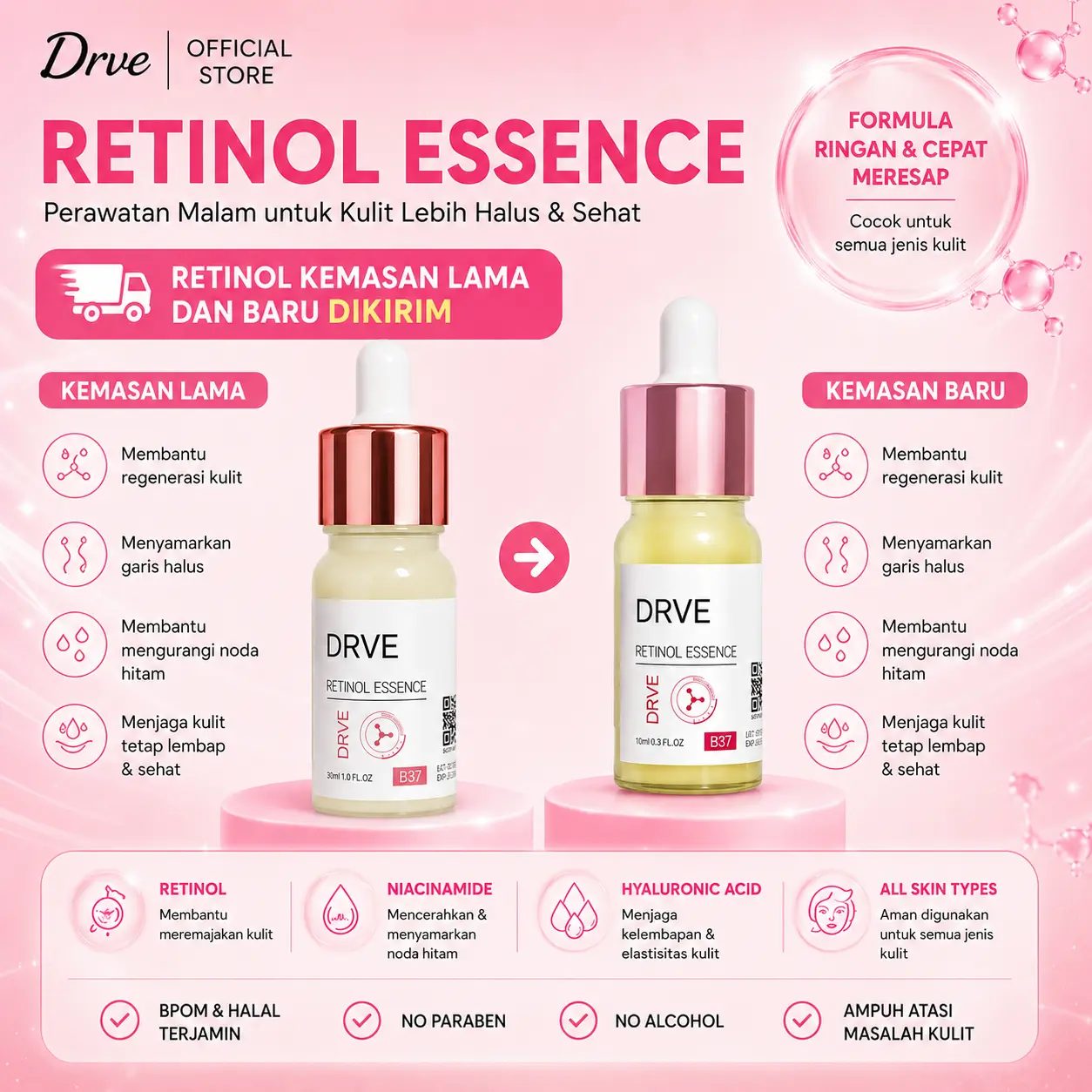 DRVE Retinol Essence 10ml - Serum Pencerah Wajah dengan Niacinamide membantu  Anti Penuaan & Anti Kerutan untuk Kulit Sensitif Aman Pakai