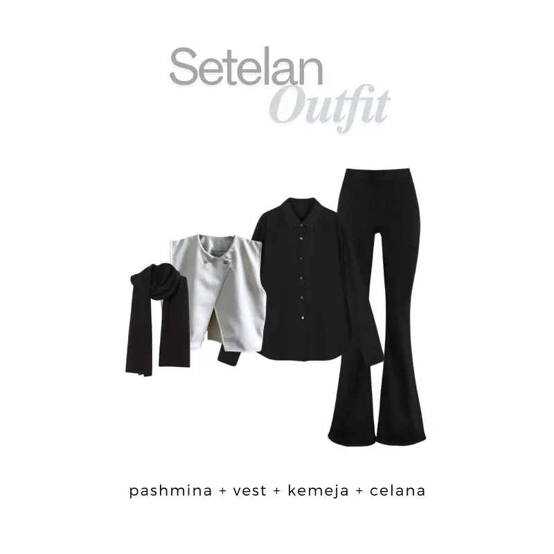 One Set Wanita Korean Style (Hijab+Kemeja+Vest+Celana) Set Fashion Kekinian Remaja - LO56 Ceruty Cutbray Setelan Nyaman 1