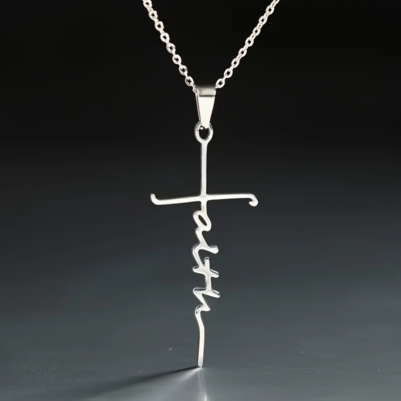 1pc New Stainless Steel Christian Cross Faith Word Church Prayer Religious Pendatn Necklace