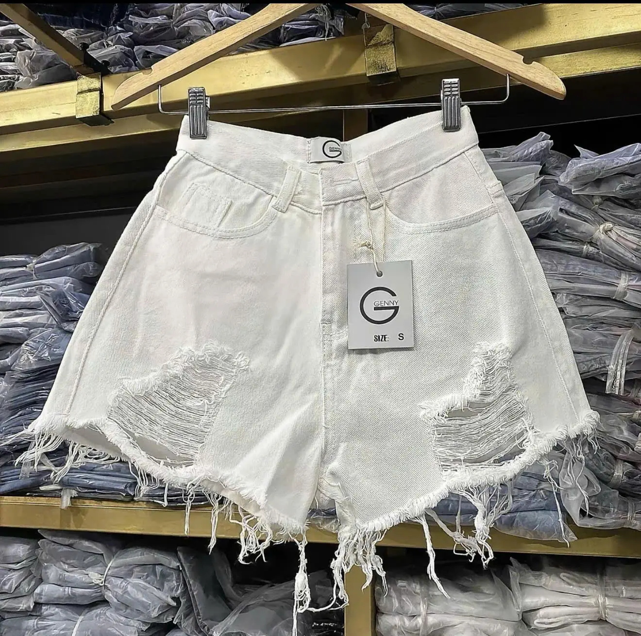 Quần short jean nữ trắng vài denim rách bền đẹp Pants Có Túi