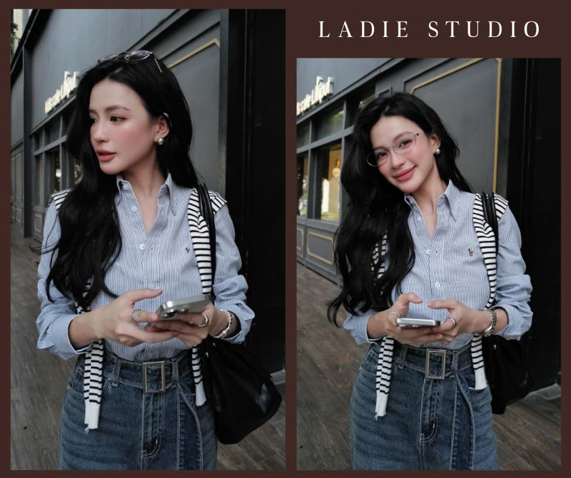 Áo Sơ Mi Nữ Dài Tay Dáng Suông Sọc Xanh Thêu Ngựa, AO104, Ladie Studio