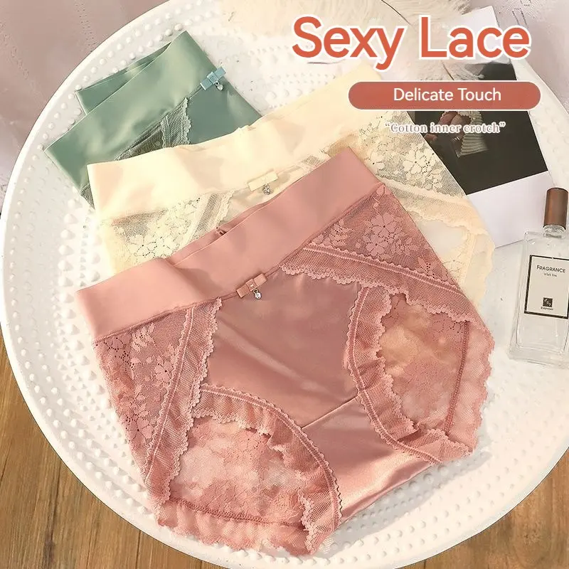 Lace Underwear Women's Thin Ice Silk Satin Seamless Mid-High Waist Sexy Belly Contracting Hip Lifting Breathable Antibacterial Underwear