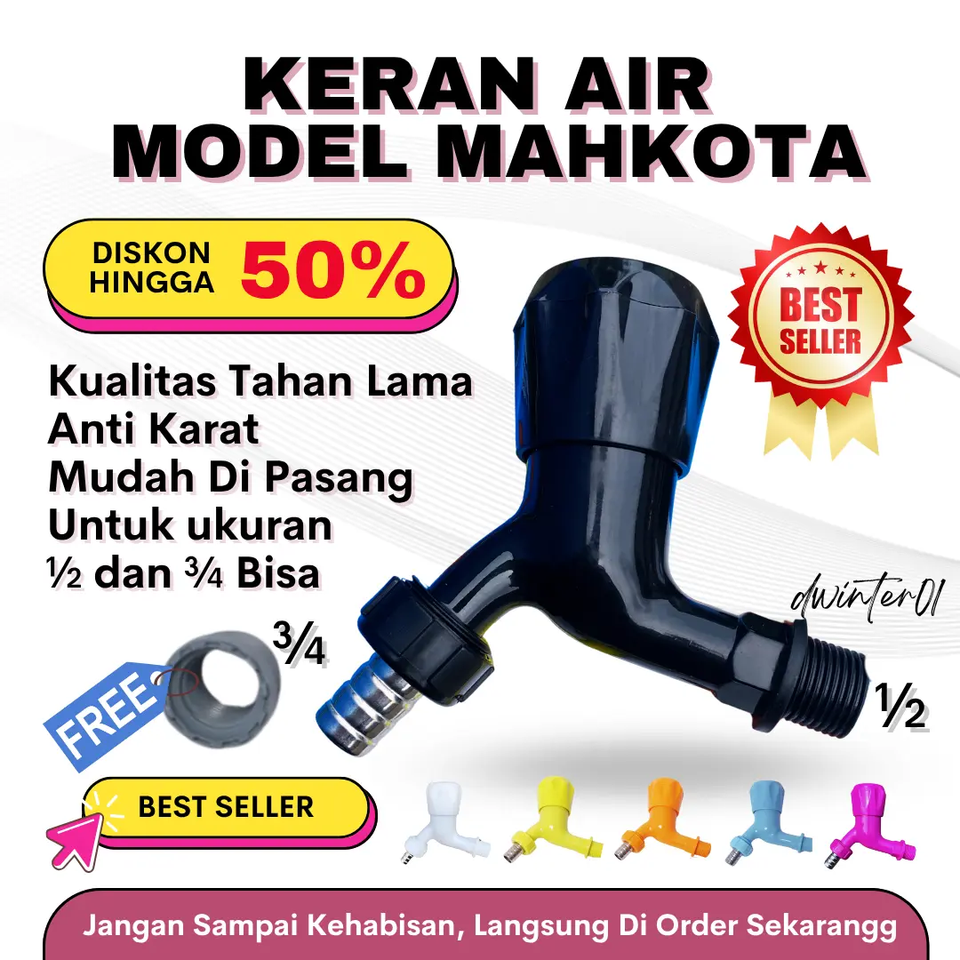 FTA Keran Air Kamar Mandi Mahkota Tembok Stainless 1/2-3/4 Warna Oren Kuning Biru Kualitas Rapi Tahan Lama Cocok untuk Air PAM & Sumur Bahan Stainless Steel Anti Karat