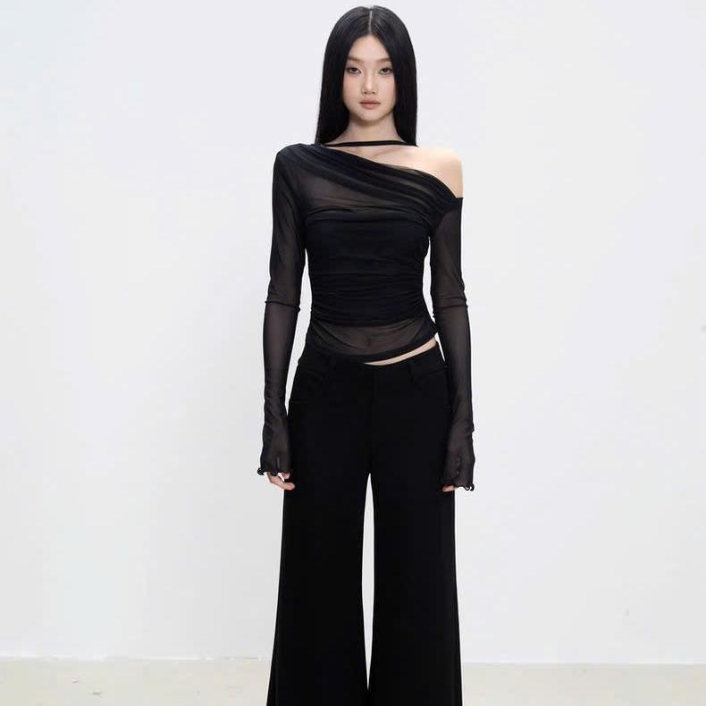 Áo lệch vai lưới tay dài đen/nâu K10 - Orimi