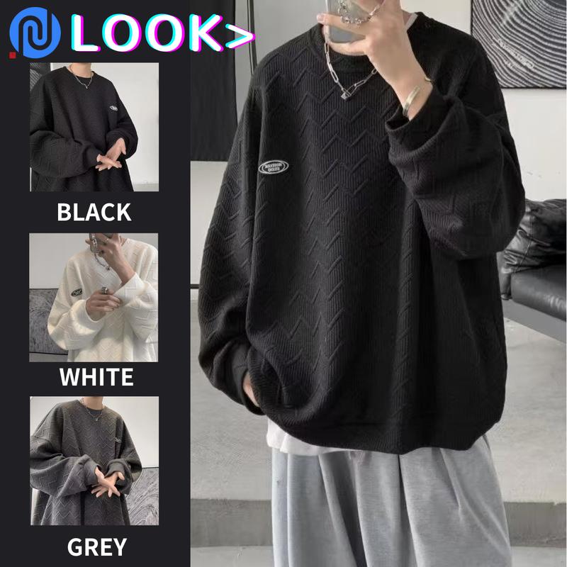 Hoodie,Menswear Shirt,Áo không mũ trùm đầu nam, vừa vặn, cổ tròn, không mũ trùm đầu, áo sơ mi nam,Chất liệu bánh quế bên dưới áo nỉ thời thượng,Áo nỉ đen,Màu Đen Tay áo dài, Dài Tay