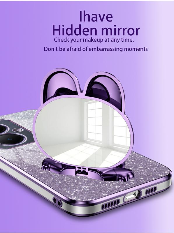 Product Introduction of New Phone Casing For OPPO Reno 13 Pro 5G 13F 12 Pro 12F 11F 11 Pro Reno13Pro A3x A3 Pro 5G A79 A60 A18 A38 A58 Soft Case Glitter Paper + Rabbit Mirror Bracket Holder Electroplated Phone Case 6