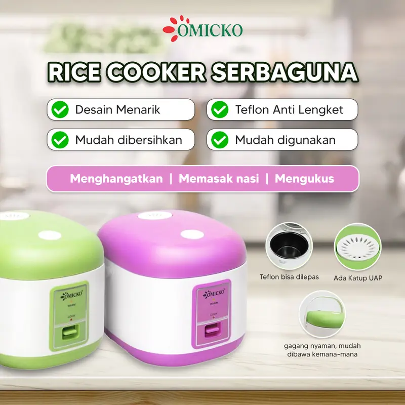OMICKO Rice Cooker 1.8 Liter 3in1 Penanak Nasi /Pengukus Makanan/Penghangat makanan Wadah Stainess Sudah SNI Hijau Listrik Pink 1