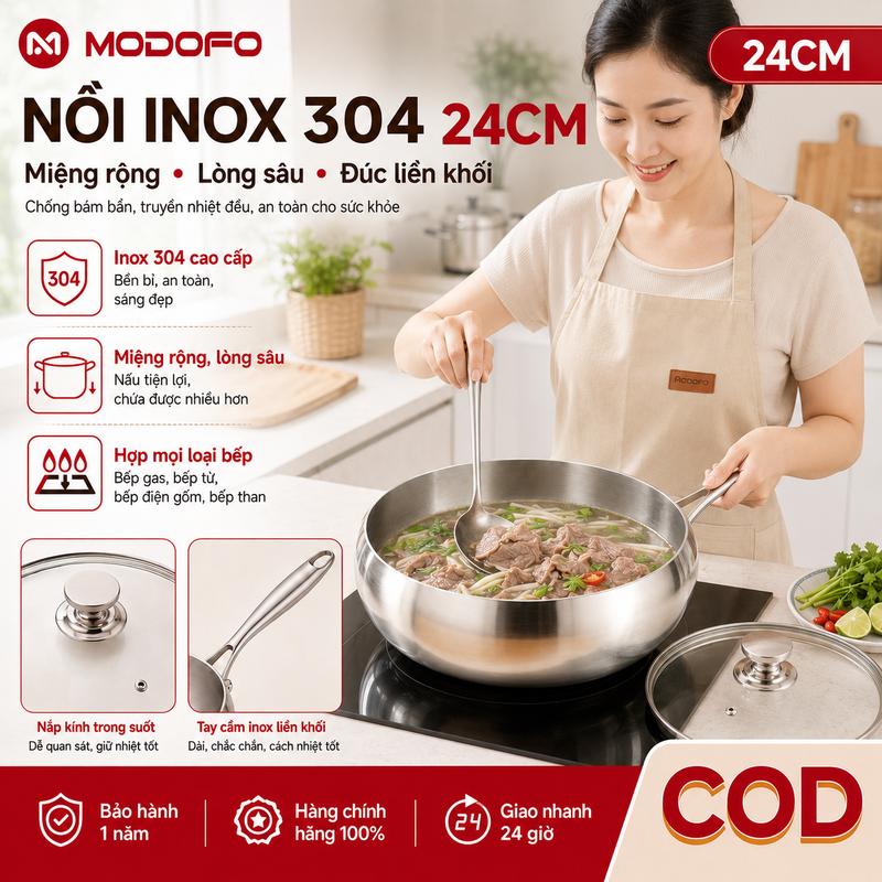 Nồi nấu cơm đa năng MODOFO – dung tích lớn, nắp kính chống gỉ, nấu/xào/chiên đều ngon, dùng cho bếp từ & mọi loại bếp, kèm thìa thép không gỉ – phù hợp gia đình 3–4 người