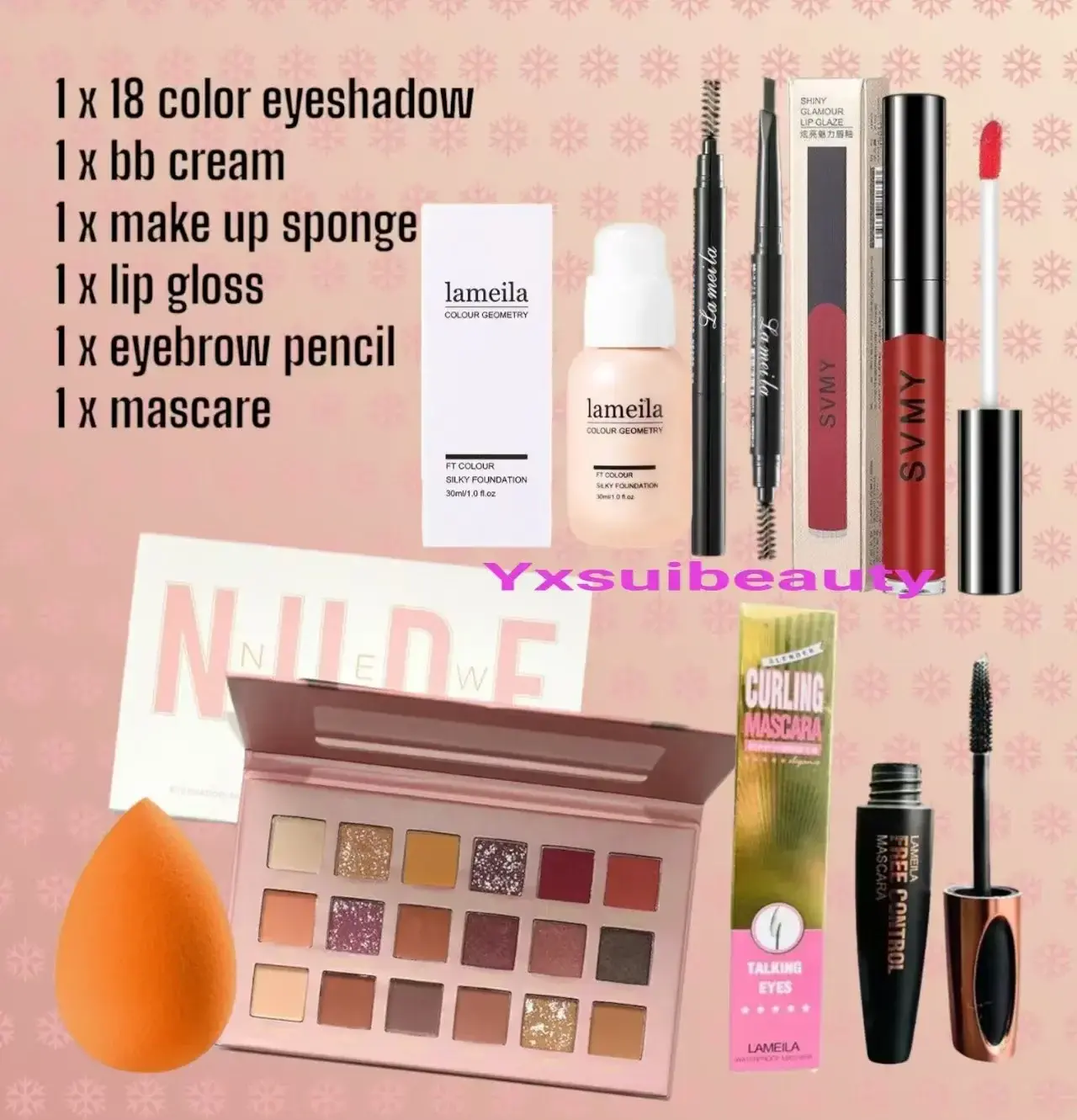 Set solek penuh RM12 asas kawalan minyak maskara kalis air celak pensel kening pemerah pipi gincu matte dan pengilat bibir (merah klasik)