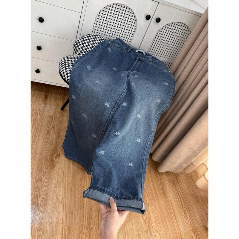 [Q999] Quần jean suông nữ thêu hoa hồng lưng cao 95cm tôn dáng cho nấm lùn
