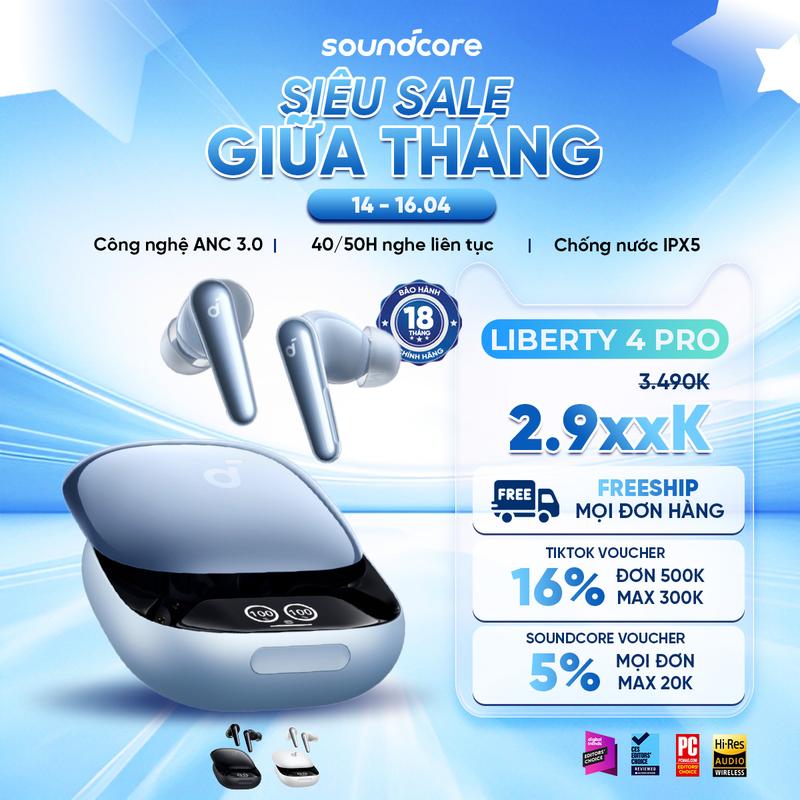 Tai nghe bluetooth Soundcore Liberty 4 Pro | Chống ồn ANC 50 giờ phát nhạc | Sạc nhanh Nhét Tai Nghe Nhạc Earphone