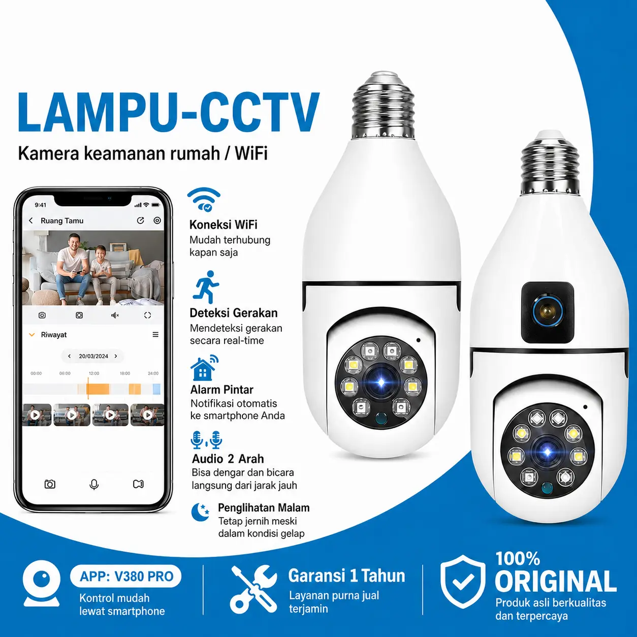 V380 Pro CCTV Kamera Ganda Wireless dengan Lensa PTZ & Bullet HD 3.6mm 360° Rotasi Deteksi Gerakan 20M IR-CUT Malam Penuh Warna Konektivitas Ponsel Audio Dua Arah SD Card 256GB Camera