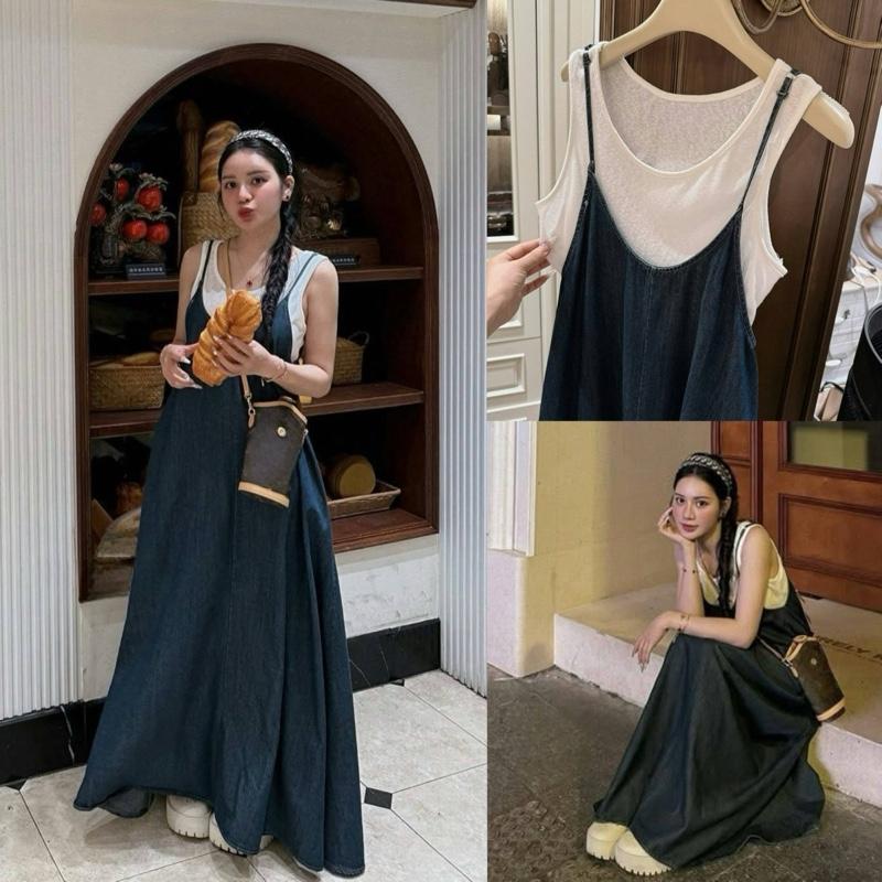 [ Hàng QCCC L1/ Order 7- 10 Ngày ] Set Váy Yếm Bò 2 Dây Dáng Dài Mix Balo Trắng Phong Cách Tiểu Thư Thoải Mái Ngày Dài Women Dress By DiepGZ5525