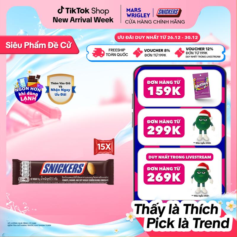 Combo 15 thanh kẹo Socola Snickers thanh 51g 5 túi x 3 thanh