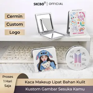 SKCBO Custom Cermin Lipat Mini Portable Kaca Makeup Kaca Rias Zoom untuk Souvenir Mirror Kulit PU