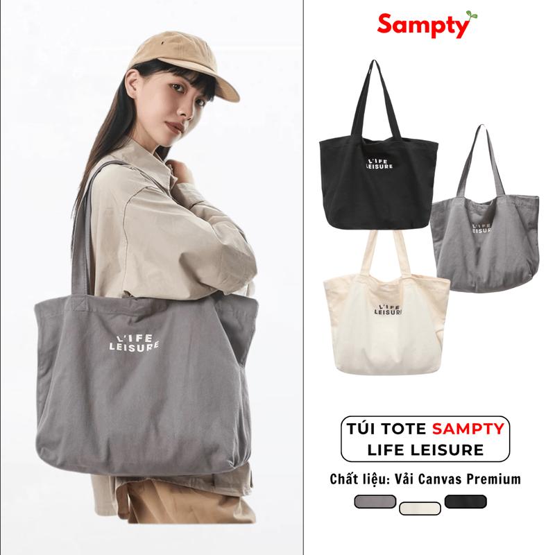  Túi Tote Vải Sampty Kaki Premium Đi Học 2 Lớp Có Khóa Zip Life Leisure Đeo Vai Nữ Đi Làm Đi Chơi 2025 