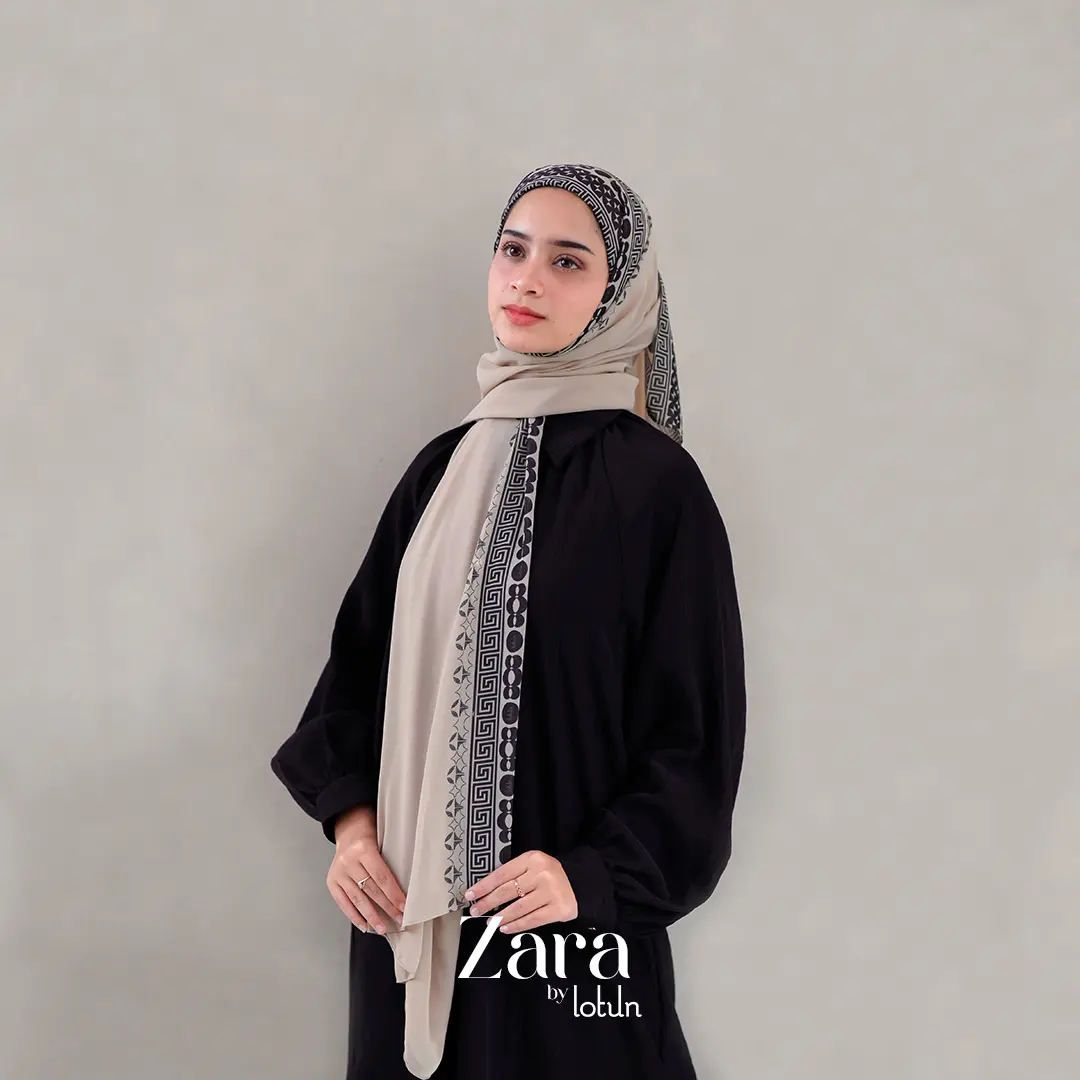 Lotun Zhara Series - Hijab Pashmina Instan Printing Motif Etnik Material Premium Simpel Mudah dipakai - Coklat Pasta Rayon Ceruti