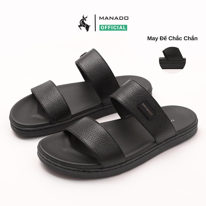 Dép da nam MANADO kiểu hai quai ngang mã MQH01, Dép sandal nam chất liệu da bò vân mill mềm mại, đế cao su khâu chắc chắn fullbox thích hợp đi làm, đi du lịch thời trang văn phòng thanh lịch