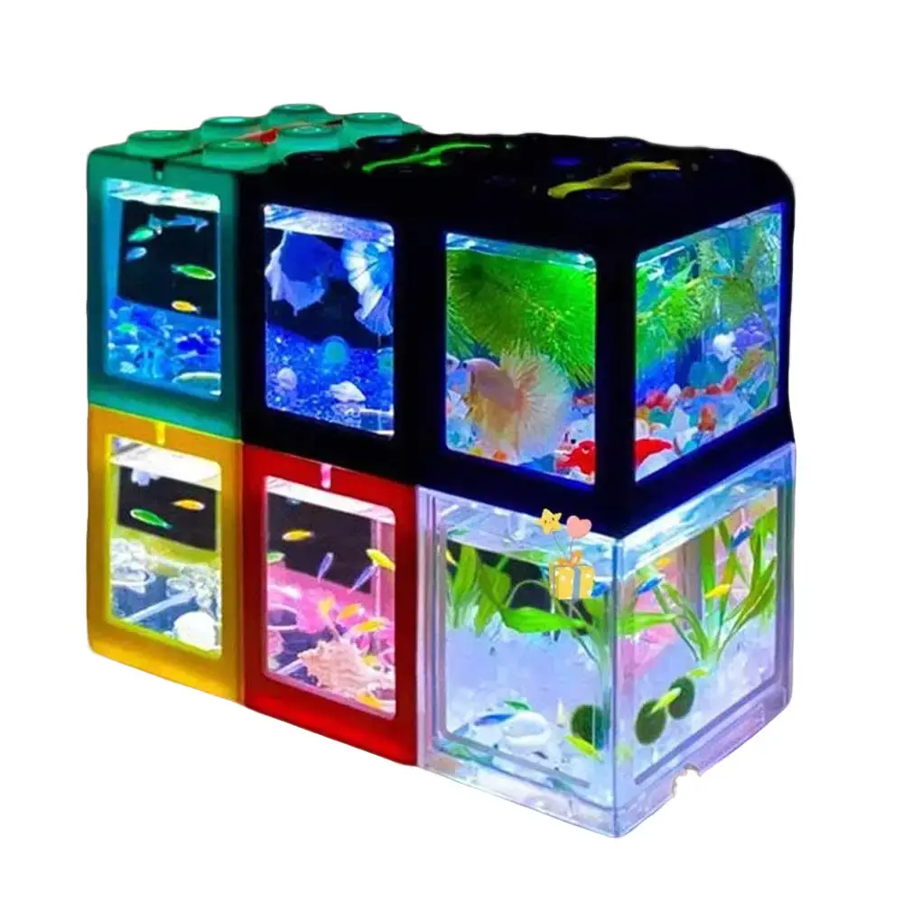 Mini Aquarium Betta fish Fighting Cylinder Rumble LED Building block fish tank Spider Marimo Fish Breeding Box Akuarium Kecil Ikan Laga