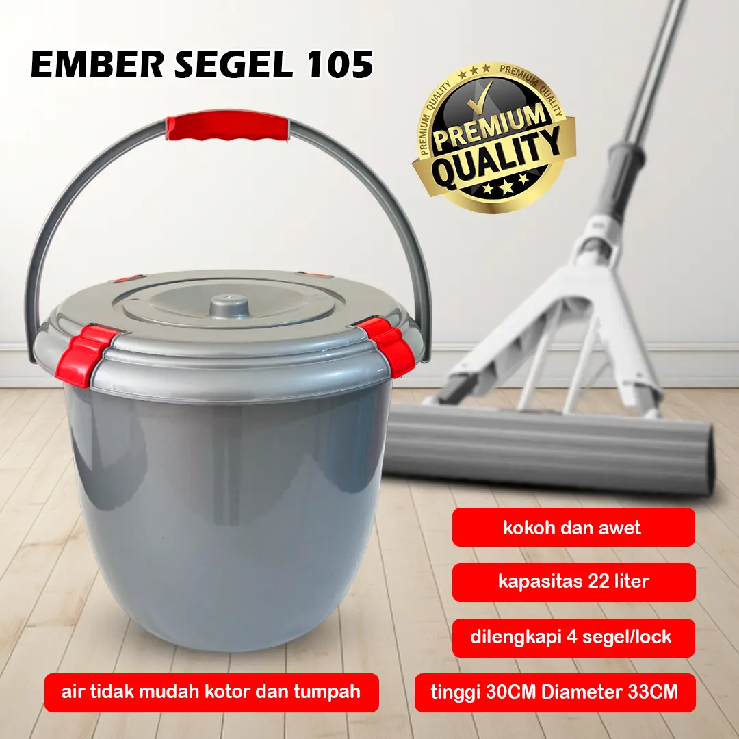 Ember Tutup Segel  Warna Silver Kapasitas 13,5 Liter dan 22 Liter Gagang Ergonomis Bahan Plastik Berkualitas Kokoh
